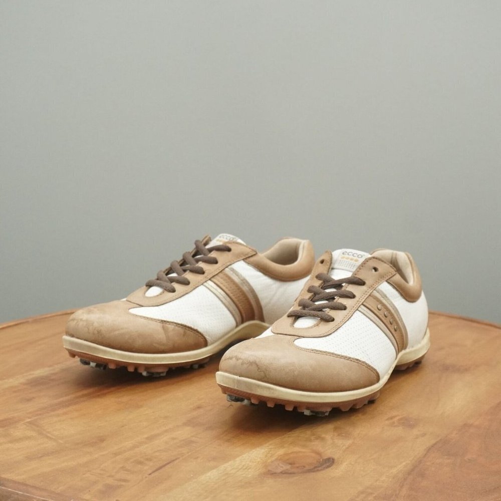 Ecco Womens Golf Shoes White Brown Leather Spiked Waterproof 39 EU / 8 US - Picture 4 of 12